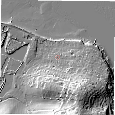 Shaded relief map of the ground around PO345HF, computed from Environment Agency LiDAR. The ground here sits at about 6 m above sea level and falls 37 m across the surrounding 800 m. Surface water reaching this point runs off ground lying to the south-south-east, 25.5 m higher.