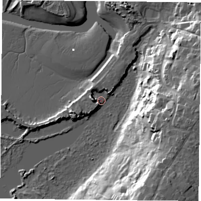 Shaded relief map of the ground around PO355AN, computed from Environment Agency LiDAR. The ground here sits at about 1 m above sea level and falls 32 m across the surrounding 800 m. Surface water reaching this point runs off ground lying to the west, 6.9 m higher.