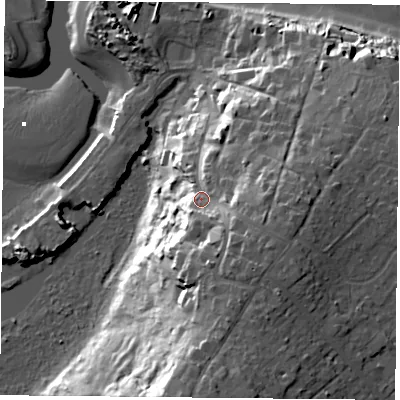 Shaded relief map of the ground around PO355NB, computed from Environment Agency LiDAR. The ground here sits at about 17 m above sea level and falls 31 m across the surrounding 800 m. Surface water reaching this point runs off ground lying to the south-east, 9.9 m higher.