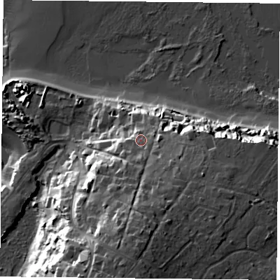 Shaded relief map of the ground around PO355NF, computed from Environment Agency LiDAR. The ground here sits at about 13 m above sea level and falls 28 m across the surrounding 800 m. Surface water reaching this point runs off ground lying to the south, 7.0 m higher.