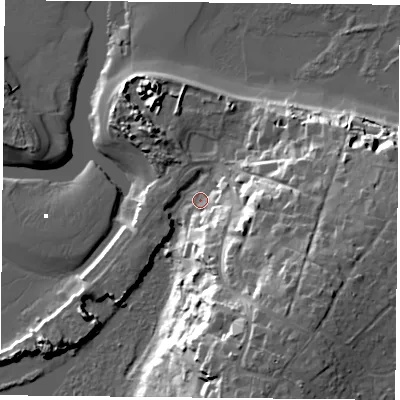 Shaded relief map of the ground around PO355NN, computed from Environment Agency LiDAR. The ground here sits at about 3 m above sea level and falls 28 m across the surrounding 800 m. Surface water reaching this point runs off ground lying to the south-south-east, 23.3 m higher.