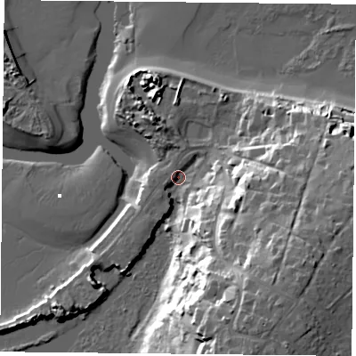 Shaded relief map of the ground around PO355NP, computed from Environment Agency LiDAR. The ground here sits at about 2 m above sea level and falls 28 m across the surrounding 800 m. Surface water reaching this point runs off ground lying to the south-south-east, 23.6 m higher.