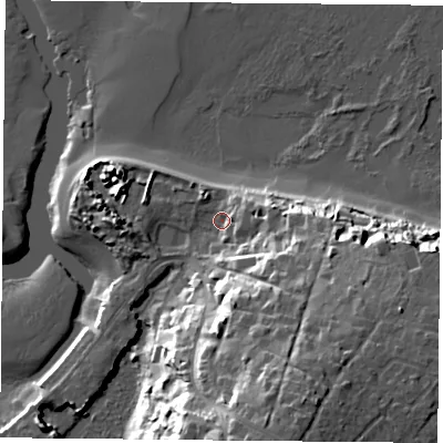 Shaded relief map of the ground around PO355NQ, computed from Environment Agency LiDAR. The ground here sits at about 3 m above sea level and falls 27 m across the surrounding 800 m. Surface water reaching this point runs off ground lying to the south-south-east, 17.3 m higher.