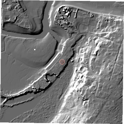 Shaded relief map of the ground around PO355NR, computed from Environment Agency LiDAR. The ground here sits at about 4 m above sea level and falls 30 m across the surrounding 800 m. Surface water reaching this point runs off ground lying to the east-south-east, 0.5 m higher.