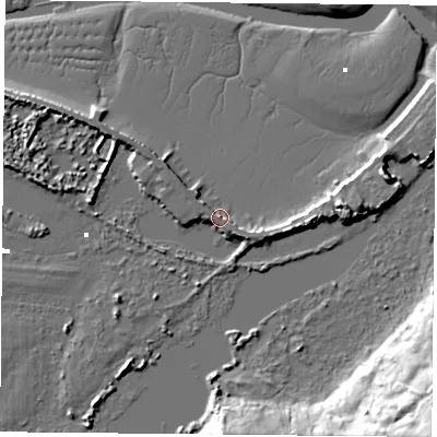 Shaded relief map of the ground around PO355NS, computed from Environment Agency LiDAR. The ground here sits at about 3 m above sea level and falls 27 m across the surrounding 800 m. Surface water reaching this point runs off ground lying to the south-east, 3.8 m higher.