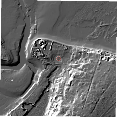 Shaded relief map of the ground around PO355NZ, computed from Environment Agency LiDAR. The ground here sits at about 3 m above sea level and falls 28 m across the surrounding 800 m. Surface water reaching this point runs off ground lying to the west, 1.7 m higher.