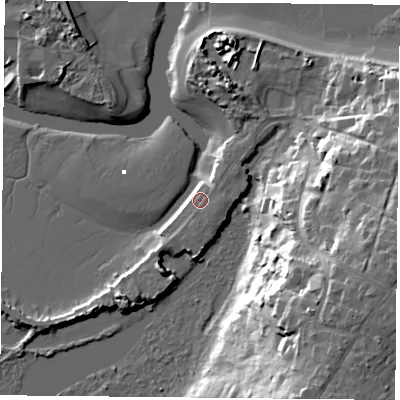 Shaded relief map of the ground around PO355PB, computed from Environment Agency LiDAR. The ground here sits at about 3 m above sea level and falls 29 m across the surrounding 800 m. Surface water reaching this point runs off ground lying to the south-east, 5.2 m higher.