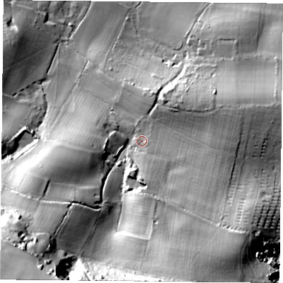 Shaded relief map of the ground around PO355PS, computed from Environment Agency LiDAR. The ground here sits at about 28 m above sea level and falls 86 m across the surrounding 800 m. Surface water reaching this point runs off ground lying to the south, 8.1 m higher.