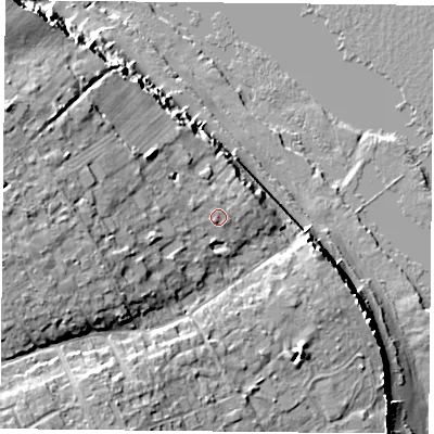Shaded relief map of the ground around PO355TA, computed from Environment Agency LiDAR. The ground here sits at about 9 m above sea level and falls 19 m across the surrounding 800 m. Surface water reaching this point runs off ground lying to the west-south-west, 4.3 m higher.