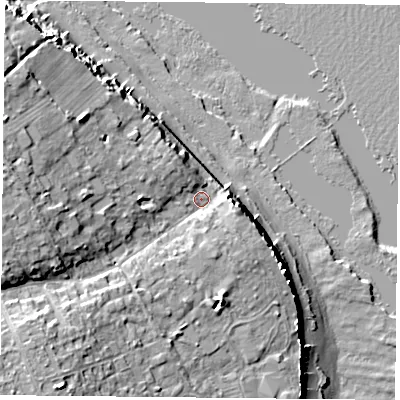 Shaded relief map of the ground around PO355TB, computed from Environment Agency LiDAR. The ground here sits at about 6 m above sea level and falls 19 m across the surrounding 800 m. Surface water reaching this point runs off ground lying to the south-west, 11.0 m higher.