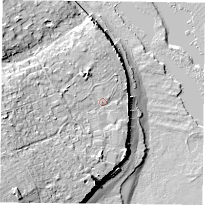 Shaded relief map of the ground around PO355TH, computed from Environment Agency LiDAR. The ground here sits at about 7 m above sea level and falls 19 m across the surrounding 800 m. Surface water reaching this point runs off ground lying to the south-west, 9.3 m higher.