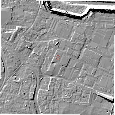 Shaded relief map of the ground around PO35BJ, computed from Environment Agency LiDAR. The ground here sits at about 3 m above sea level and falls 11 m across the surrounding 800 m. The ground contributing surface water to this point lies to the north-north-west.