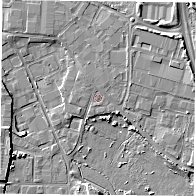 Shaded relief map of the ground around PO35BL, computed from Environment Agency LiDAR. The ground here sits at about 2 m above sea level and falls 7 m across the surrounding 800 m. Surface water reaching this point runs off ground lying to the north, 0.9 m higher.