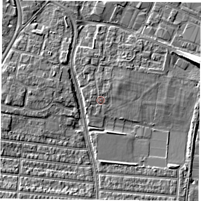 Shaded relief map of the ground around PO35BN, computed from Environment Agency LiDAR. The ground here sits at about 4 m above sea level and falls 9 m across the surrounding 800 m. Surface water reaching this point runs off ground lying to the north-west, 0.9 m higher.