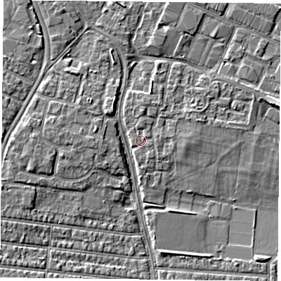 Shaded relief map of the ground around PO35BP, computed from Environment Agency LiDAR. The ground here sits at about 3 m above sea level and falls 4 m across the surrounding 800 m. Surface water reaching this point runs off ground lying to the south, 0.7 m higher.