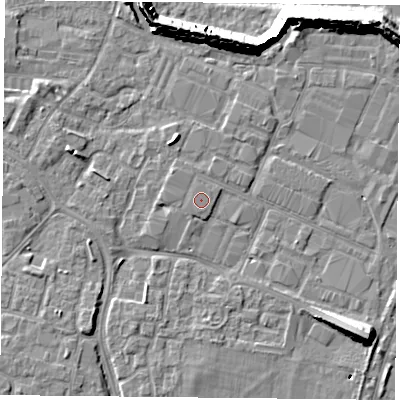 Shaded relief map of the ground around PO35BU, computed from Environment Agency LiDAR. The ground here sits at about 3 m above sea level and falls 11 m across the surrounding 800 m. The ground contributing surface water to this point lies to the south.