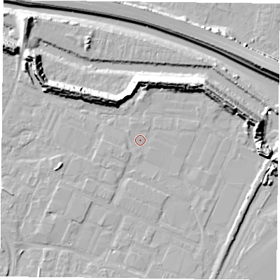 Shaded relief map of the ground around PO35DY, computed from Environment Agency LiDAR. The ground here sits at about 2 m above sea level and falls 13 m across the surrounding 800 m. Surface water reaching this point runs off ground lying to the east, 10.3 m higher.