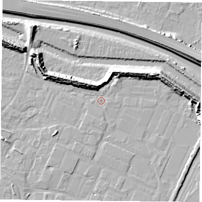 Shaded relief map of the ground around PO35DZ, computed from Environment Agency LiDAR. The ground here sits at about 2 m above sea level and falls 13 m across the surrounding 800 m. Surface water reaching this point runs off ground lying to the south, 1.6 m higher.