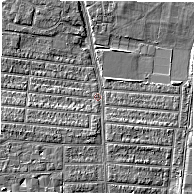 Shaded relief map of the ground around PO35EH, computed from Environment Agency LiDAR. The ground here sits at about 3 m above sea level and falls 5 m across the surrounding 800 m. Surface water reaching this point runs off ground lying to the west-south-west, 3.7 m higher.