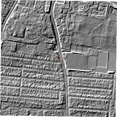 Shaded relief map of the ground around PO35EJ, computed from Environment Agency LiDAR. The ground here sits at about 3 m above sea level and falls 4 m across the surrounding 800 m. Surface water reaching this point runs off ground lying to the south-west, 4.2 m higher.