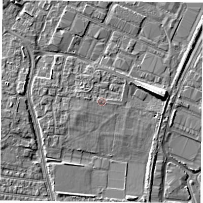 Shaded relief map of the ground around PO35EP, computed from Environment Agency LiDAR. The ground here sits at about 4 m above sea level and falls 10 m across the surrounding 800 m. Surface water reaching this point runs off ground lying to the south-west, 1.2 m higher.