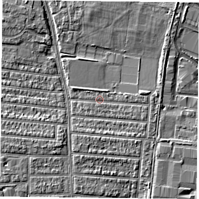 Shaded relief map of the ground around PO35ER, computed from Environment Agency LiDAR. The ground here sits at about 3 m above sea level and falls 6 m across the surrounding 800 m. Surface water reaching this point runs off ground lying to the east-south-east, 1.1 m higher.