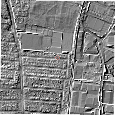 Shaded relief map of the ground around PO35ES, computed from Environment Agency LiDAR. The ground here sits at about 4 m above sea level and falls 7 m across the surrounding 800 m. Surface water reaching this point runs off ground lying to the south-east, 0.8 m higher.