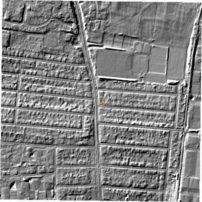 Shaded relief map of the ground around PO35EW, computed from Environment Agency LiDAR. The ground here sits at about 3 m above sea level and falls 4 m across the surrounding 800 m. Surface water reaching this point runs off ground lying to the south, 2.5 m higher.