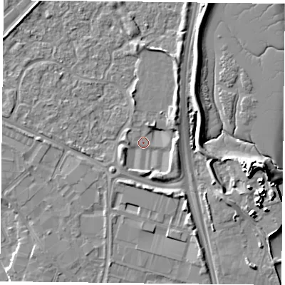 Shaded relief map of the ground around PO35FB, computed from Environment Agency LiDAR. The ground here sits at about 2 m above sea level and falls 12 m across the surrounding 800 m. Surface water reaching this point runs off ground lying to the south-south-east, 4.3 m higher.