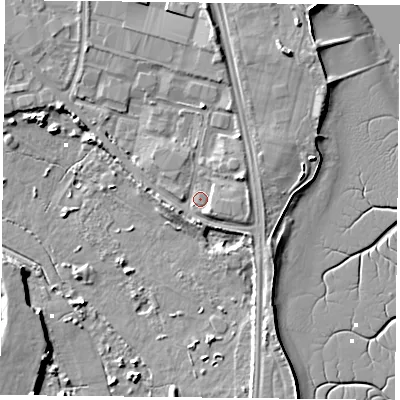 Shaded relief map of the ground around PO35FE, computed from Environment Agency LiDAR. The ground here sits at about 3 m above sea level and falls 8 m across the surrounding 800 m. Surface water reaching this point runs off ground lying to the east-north-east, 2.6 m higher.