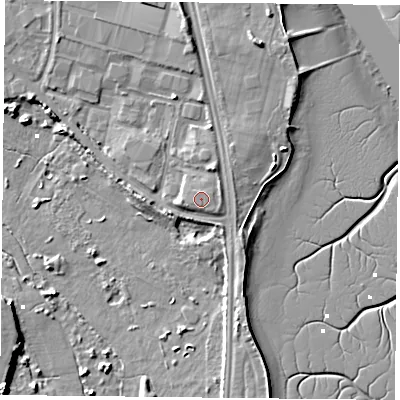 Shaded relief map of the ground around PO35FF, computed from Environment Agency LiDAR. The ground here sits at about 4 m above sea level and falls 7 m across the surrounding 800 m. Surface water reaching this point runs off ground lying to the south, 0.6 m higher.
