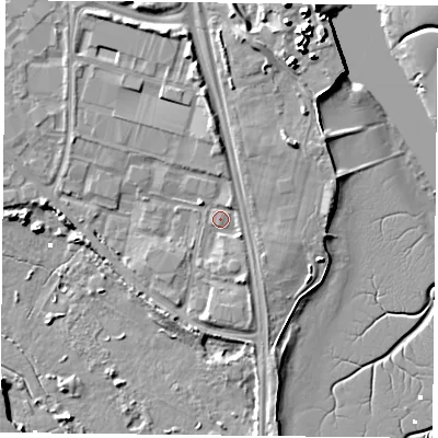Shaded relief map of the ground around PO35FH, computed from Environment Agency LiDAR. The ground here sits at about 3 m above sea level and falls 10 m across the surrounding 800 m. Surface water reaching this point runs off ground lying to the south-east, 1.8 m higher.