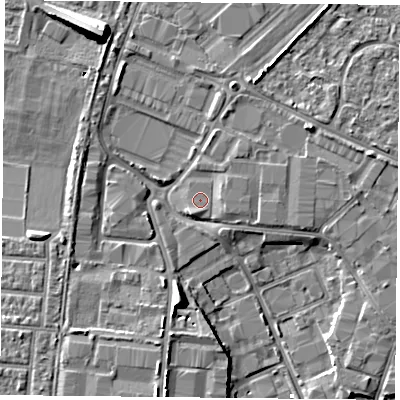 Shaded relief map of the ground around PO35FP, computed from Environment Agency LiDAR. The ground here sits at about 3 m above sea level and falls 11 m across the surrounding 800 m. Surface water reaching this point runs off ground lying to the east-north-east, 1.2 m higher.
