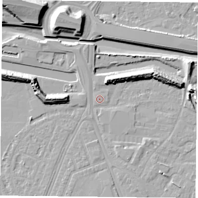 Shaded relief map of the ground around PO35FS, computed from Environment Agency LiDAR. The ground here sits at about 3 m above sea level and falls 16 m across the surrounding 800 m. Surface water reaching this point runs off ground lying to the north-north-west, 1.1 m higher.