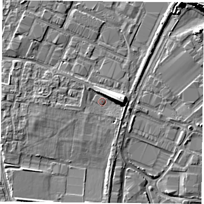 Shaded relief map of the ground around PO35FT, computed from Environment Agency LiDAR. The ground here sits at about 3 m above sea level and falls 11 m across the surrounding 800 m. Surface water reaching this point runs off ground lying to the east, 9.7 m higher.