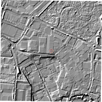 Shaded relief map of the ground around PO35FU, computed from Environment Agency LiDAR. The ground here sits at about 4 m above sea level and falls 7 m across the surrounding 800 m. The ground contributing surface water to this point lies to the north-east.