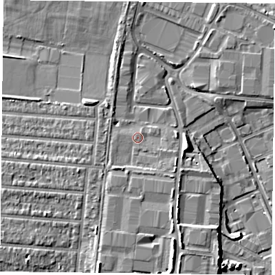 Shaded relief map of the ground around PO35FX, computed from Environment Agency LiDAR. The ground here sits at about 4 m above sea level and falls 8 m across the surrounding 800 m. Surface water reaching this point runs off ground lying to the south-east, 2.1 m higher.