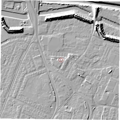 Shaded relief map of the ground around PO35FY, computed from Environment Agency LiDAR. The ground here sits at about 3 m above sea level and falls 12 m across the surrounding 800 m. Surface water reaching this point runs off ground lying to the east-south-east, 1.8 m higher.