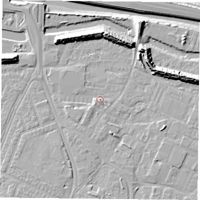 Shaded relief map of the ground around PO35FZ, computed from Environment Agency LiDAR. The ground here sits at about 3 m above sea level and falls 12 m across the surrounding 800 m. Surface water reaching this point runs off ground lying to the south-west, 1.8 m higher.