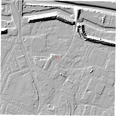 Shaded relief map of the ground around PO35GD, computed from Environment Agency LiDAR. The ground here sits at about 3 m above sea level and falls 12 m across the surrounding 800 m. Surface water reaching this point runs off ground lying to the west-south-west, 1.1 m higher.