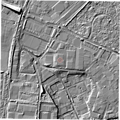 Shaded relief map of the ground around PO35GE, computed from Environment Agency LiDAR. The ground here sits at about 4 m above sea level and falls 11 m across the surrounding 800 m. The ground contributing surface water to this point lies to the south-east.