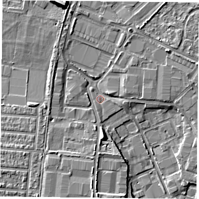 Shaded relief map of the ground around PO35GP, computed from Environment Agency LiDAR. The ground here sits at about 2 m above sea level and falls 11 m across the surrounding 800 m. Surface water reaching this point runs off ground lying to the south, 4.5 m higher.