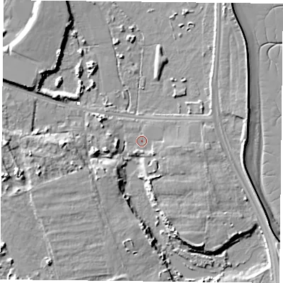 Shaded relief map of the ground around PO35HH, computed from Environment Agency LiDAR. The ground here sits at about 1 m above sea level and falls 6 m across the surrounding 800 m. Surface water reaching this point runs off ground lying to the south-east, 2.1 m higher.