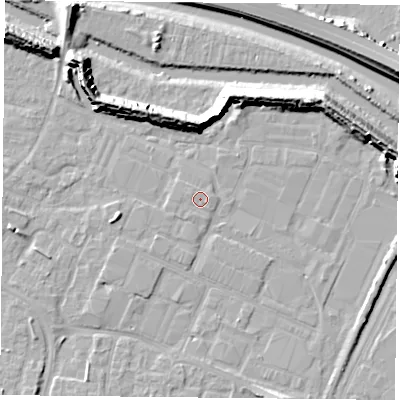 Shaded relief map of the ground around PO35HJ, computed from Environment Agency LiDAR. The ground here sits at about 3 m above sea level and falls 13 m across the surrounding 800 m. Surface water reaching this point runs off ground lying to the west-north-west, 0.6 m higher.