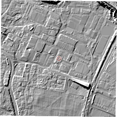 Shaded relief map of the ground around PO35HL, computed from Environment Agency LiDAR. The ground here sits at about 3 m above sea level and falls 11 m across the surrounding 800 m. Surface water reaching this point runs off ground lying to the east, 0.5 m higher.