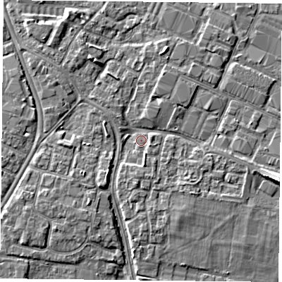 Shaded relief map of the ground around PO35HS, computed from Environment Agency LiDAR. The ground here sits at about 3 m above sea level and falls 5 m across the surrounding 800 m. Surface water reaching this point runs off ground lying to the south-east, 2.0 m higher.