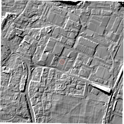 Shaded relief map of the ground around PO35HT, computed from Environment Agency LiDAR. The ground here sits at about 3 m above sea level and falls 11 m across the surrounding 800 m. Surface water reaching this point runs off ground lying to the north-north-west, 1.0 m higher.