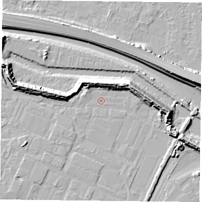 Shaded relief map of the ground around PO35HU, computed from Environment Agency LiDAR. The ground here sits at about 2 m above sea level and falls 13 m across the surrounding 800 m. Surface water reaching this point runs off ground lying to the west-north-west, 1.6 m higher.