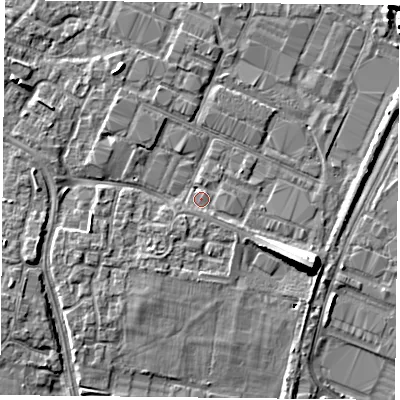 Shaded relief map of the ground around PO35HX, computed from Environment Agency LiDAR. The ground here sits at about 3 m above sea level and falls 10 m across the surrounding 800 m. Surface water reaching this point runs off ground lying to the south-east, 1.8 m higher.