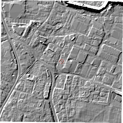 Shaded relief map of the ground around PO35HY, computed from Environment Agency LiDAR. The ground here sits at about 3 m above sea level and falls 10 m across the surrounding 800 m. Surface water reaching this point runs off ground lying to the north-north-east, 2.9 m higher.